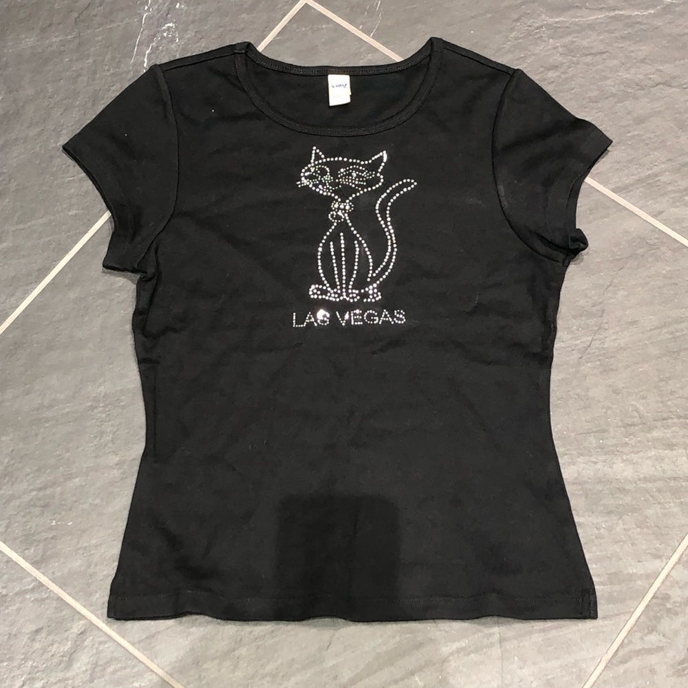 XS 15” Pit to Pit Black Las Vegas Rhinestone Tee